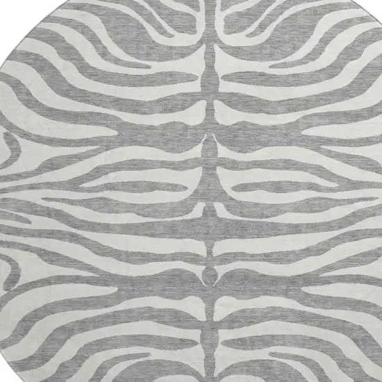 8' Gray And Ivory Animal Print Washable Round Rug With UV Protection Photo 2