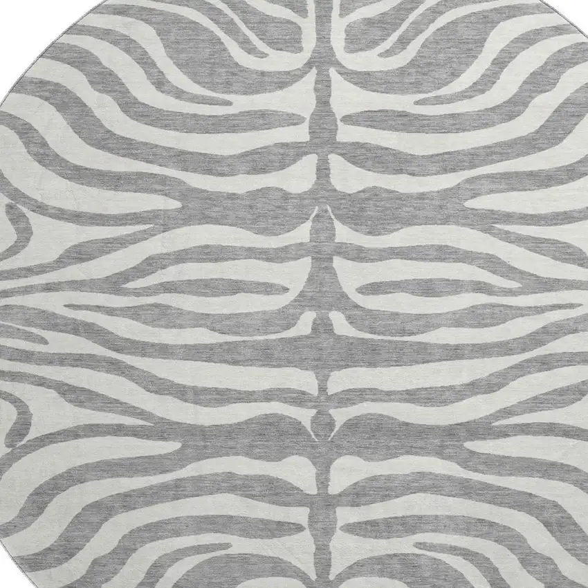 8' Gray And Ivory Animal Print Washable Round Rug With UV Protection Photo 2