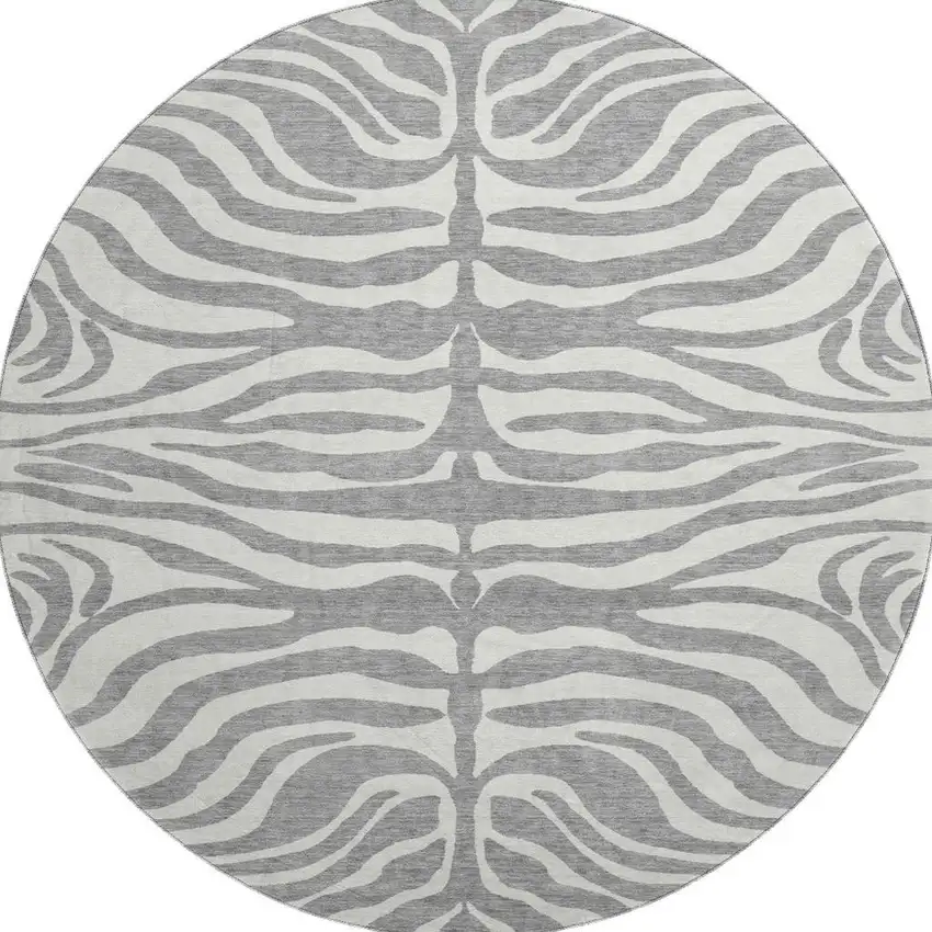 8' Gray And Ivory Animal Print Washable Round Rug With UV Protection Photo 3