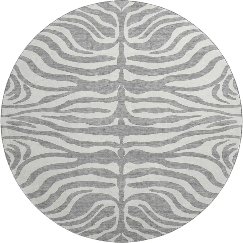8' Gray And Ivory Animal Print Washable Round Rug With UV Protection Photo 1