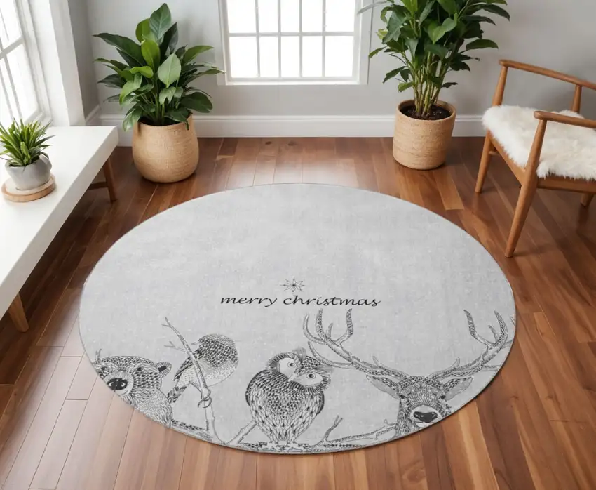 8' Gray And Ivory Animal Print Washable Round Rug With UV Protection Photo 1