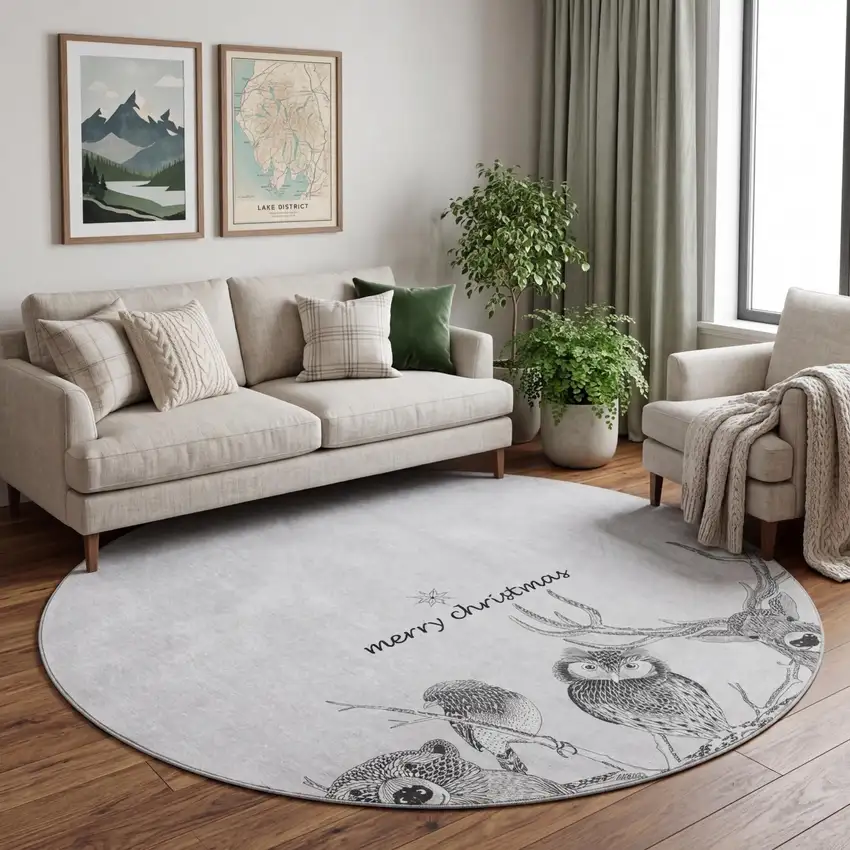8' Gray And Black Christmas Woodland Lodge Washable Area Rug With UV Protection Photo 1