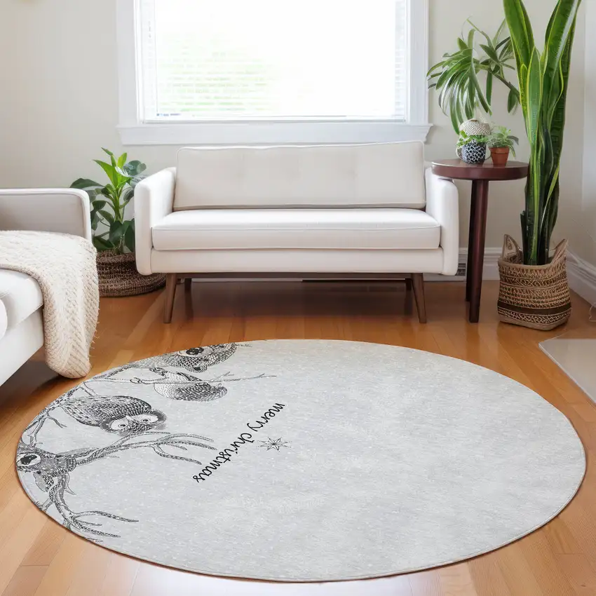 8' Gray And Ivory Animal Print Washable Round Rug With UV Protection Photo 6