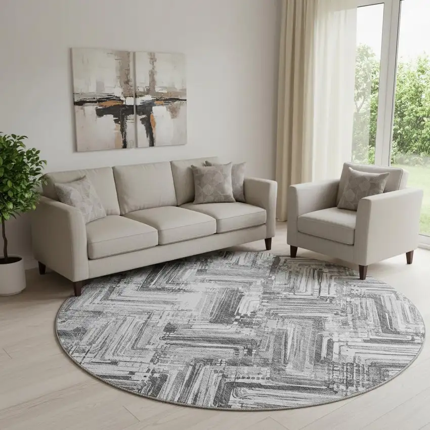 8' Gray And Ivory Chevron Washable Round Rug With UV Protection Photo 1