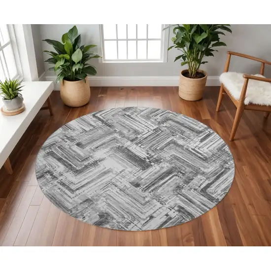 8' Gray And Ivory Chevron Washable Round Rug With UV Protection Photo 2