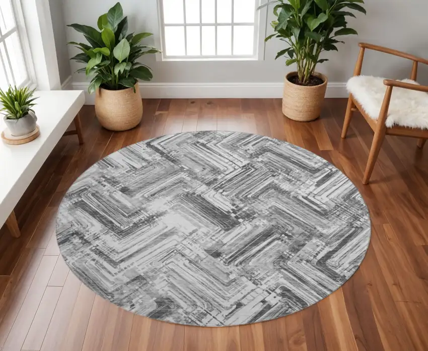 8' Gray And Ivory Chevron Washable Round Rug With UV Protection Photo 2