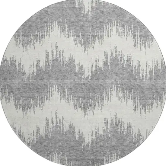 8' Gray And Ivory Chevron Washable Round Rug With UV Protection Photo 4