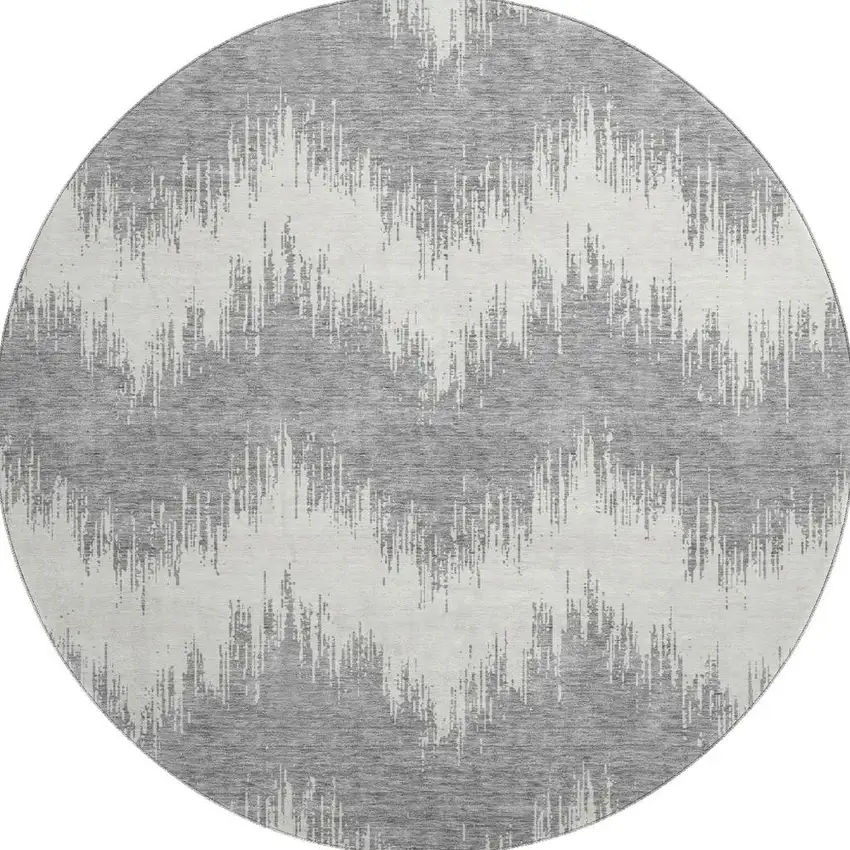8' Gray And Ivory Chevron Washable Round Rug With UV Protection Photo 4