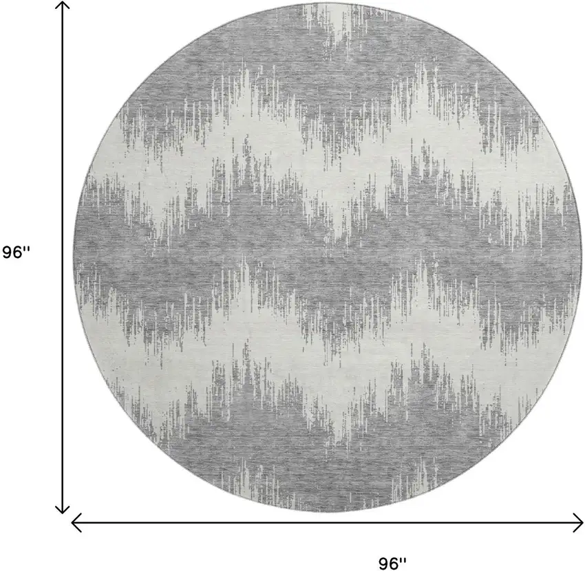 8' Gray And Ivory Chevron Washable Round Rug With UV Protection Photo 8