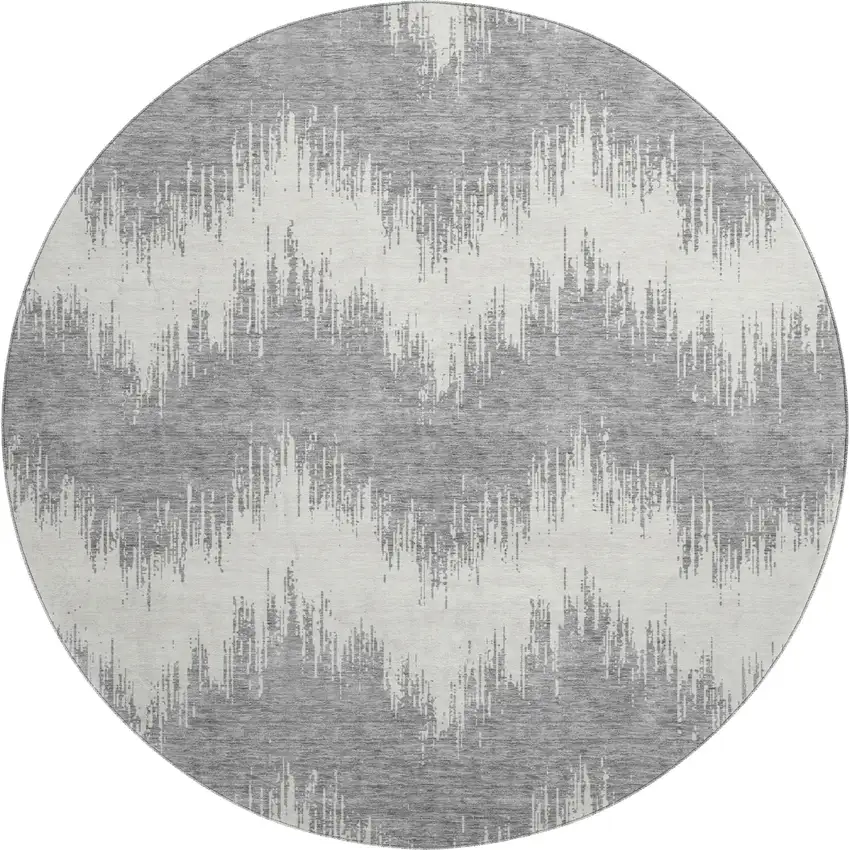 8' Gray And Ivory Chevron Washable Round Rug With UV Protection Photo 1