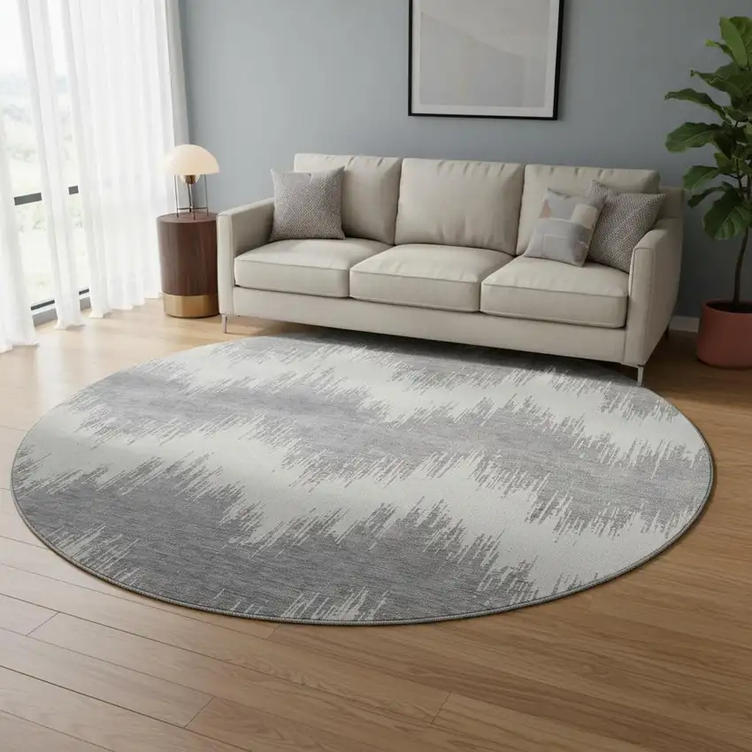8' Gray And Ivory Chevron Washable Round Rug With UV Protection Photo 2