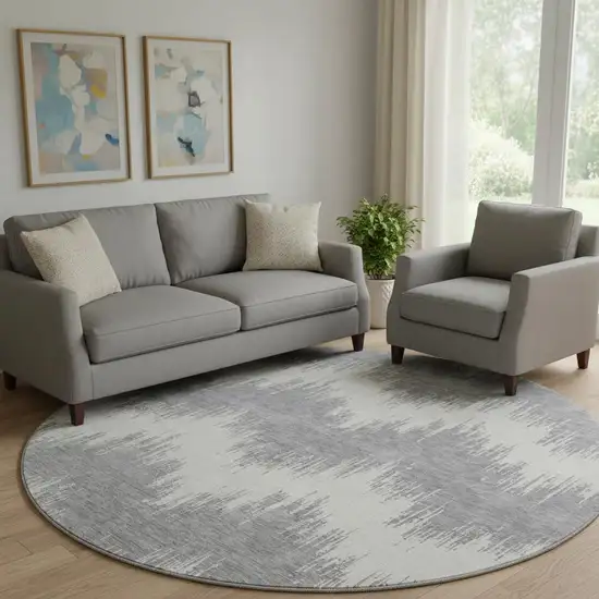 8' Gray And Ivory Chevron Washable Round Rug With UV Protection Photo 1