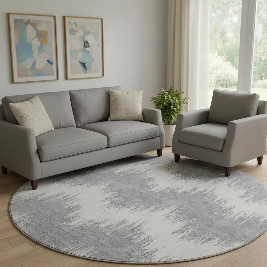 8' Gray And Ivory Chevron Washable Round Rug With UV Protection Photo 1