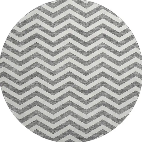 8' Gray And Ivory Chevron Washable Round Rug With UV Protection Photo 4