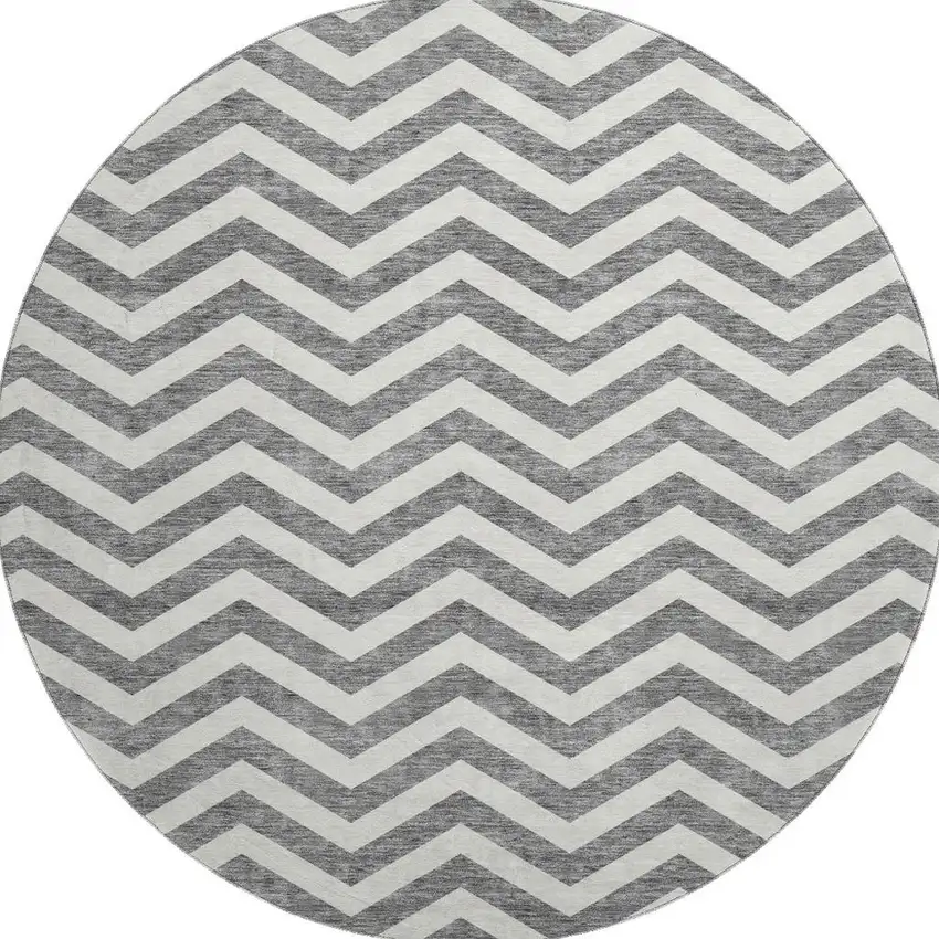 8' Gray And Ivory Chevron Washable Round Rug With UV Protection Photo 4