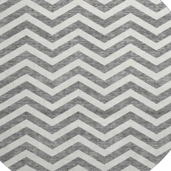 8' Gray And Ivory Chevron Washable Round Rug With UV Protection Photo 3