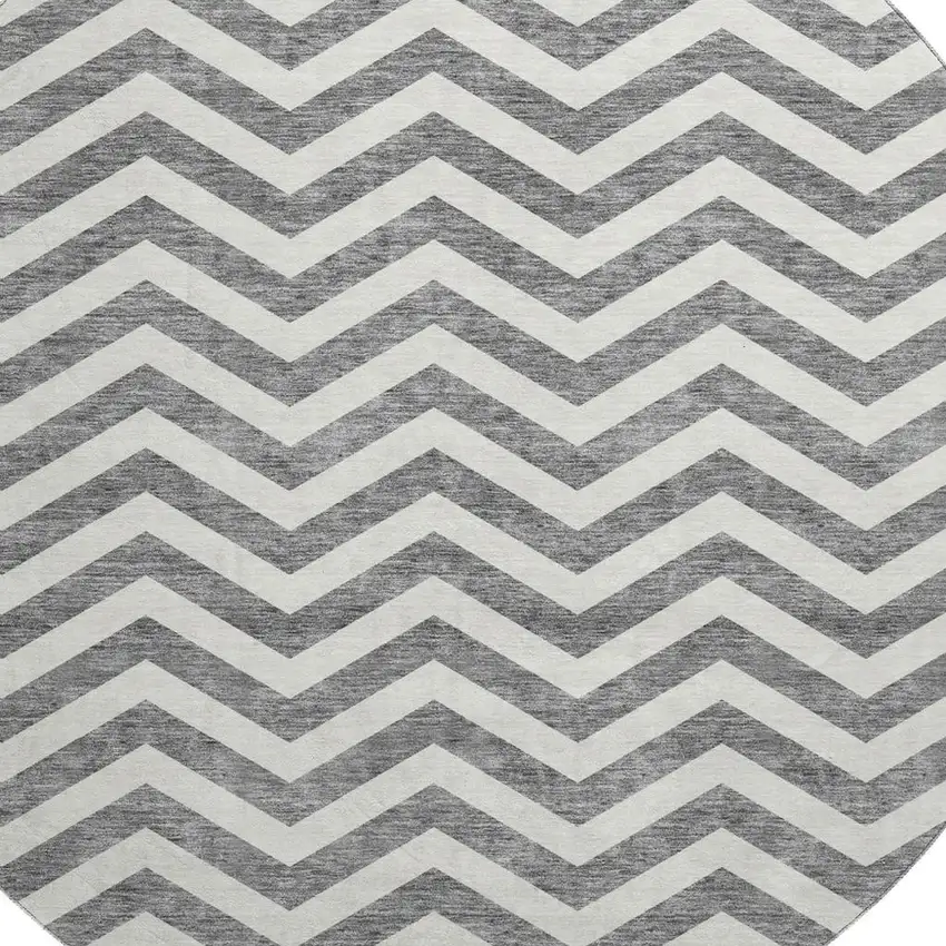 8' Gray And Ivory Chevron Washable Round Rug With UV Protection Photo 3