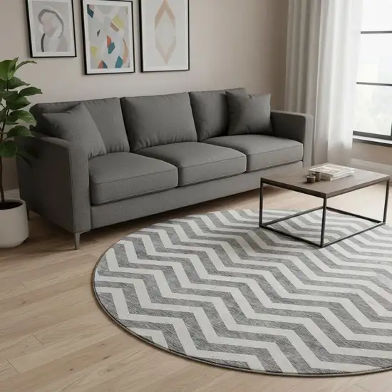 8' Gray And Ivory Chevron Washable Round Rug With UV Protection Photo 2