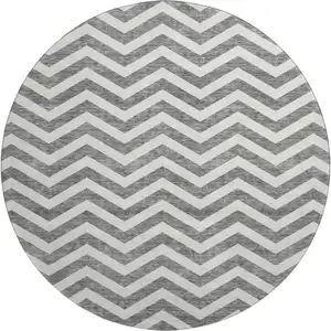 Photo of 8' Gray And Ivory Chevron Washable Round Rug With UV Protection