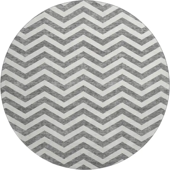 8' Gray And Ivory Chevron Washable Round Rug With UV Protection Photo 1
