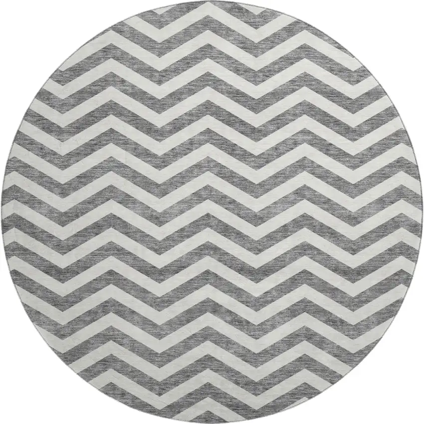 8' Gray And Ivory Chevron Washable Round Rug With UV Protection Photo 1