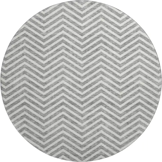 8' Gray And Ivory Chevron Washable Round Rug With UV Protection Photo 1