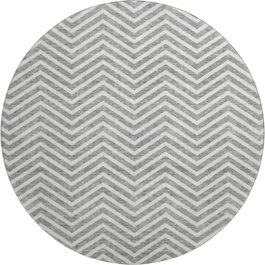 8' Gray And Ivory Chevron Washable Round Rug With UV Protection Photo 1