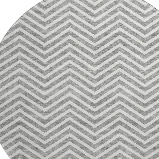 8' Gray And Ivory Chevron Washable Round Rug With UV Protection Photo 2