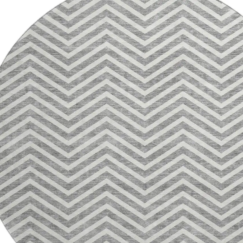 8' Gray And Ivory Chevron Washable Round Rug With UV Protection Photo 2