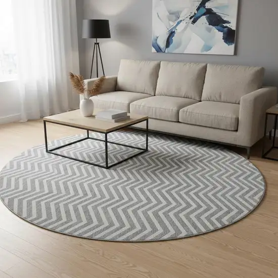 8' Gray And Ivory Chevron Washable Round Rug With UV Protection Photo 2