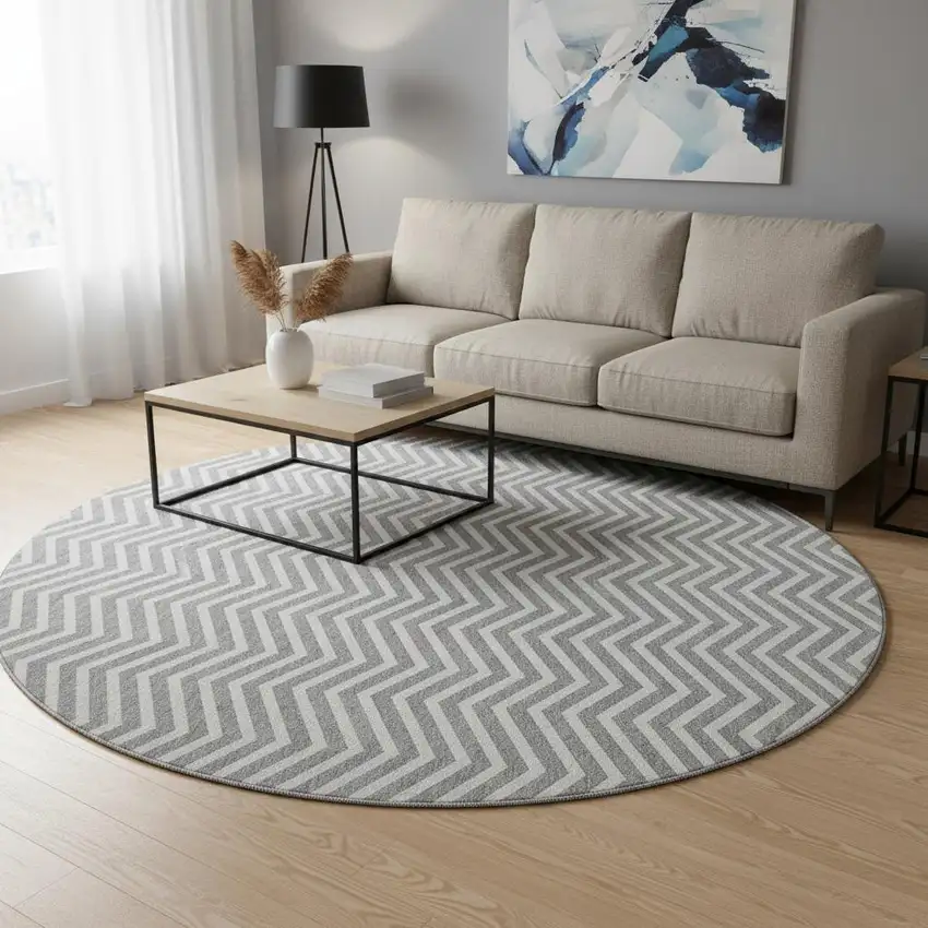 8' Gray And Ivory Chevron Washable Round Rug With UV Protection Photo 2