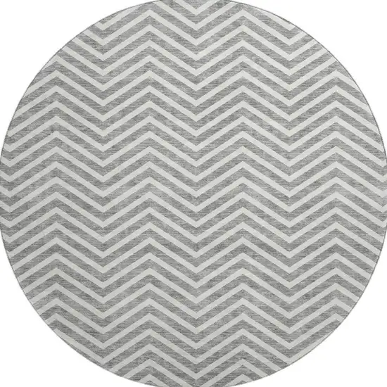 8' Gray And Ivory Chevron Washable Round Rug With UV Protection Photo 3