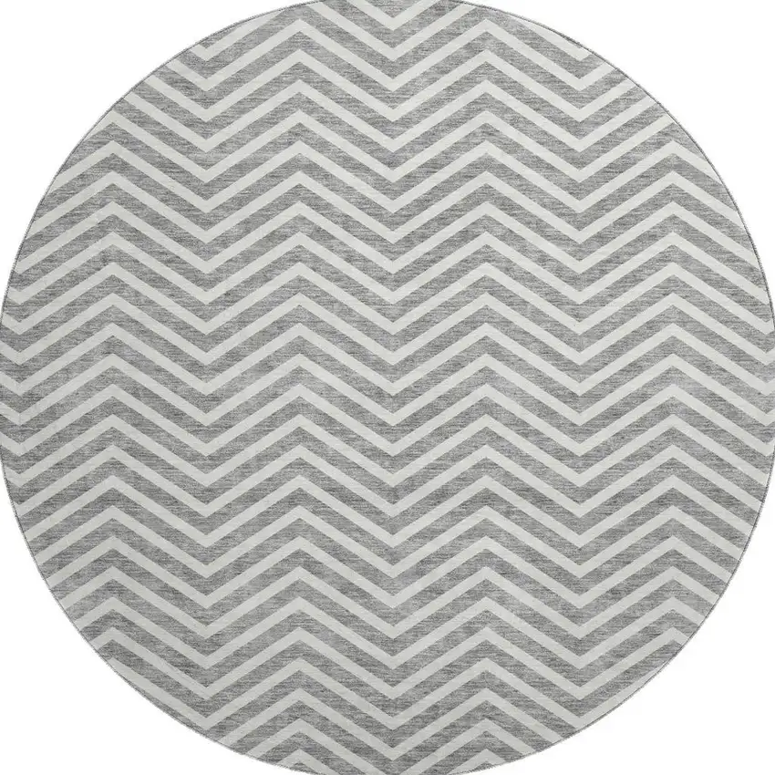 8' Gray And Ivory Chevron Washable Round Rug With UV Protection Photo 3
