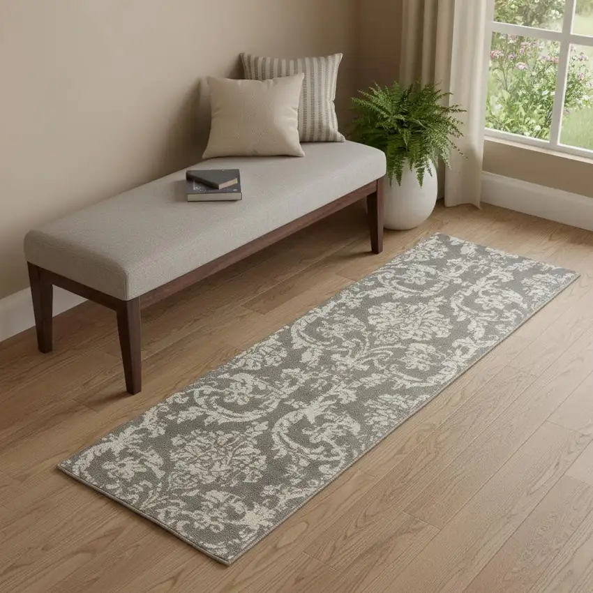 6' Gray And Ivory Damask Distressed Runner Rug Photo 1