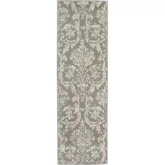 6' Gray And Ivory Damask Distressed Runner Rug Photo 6