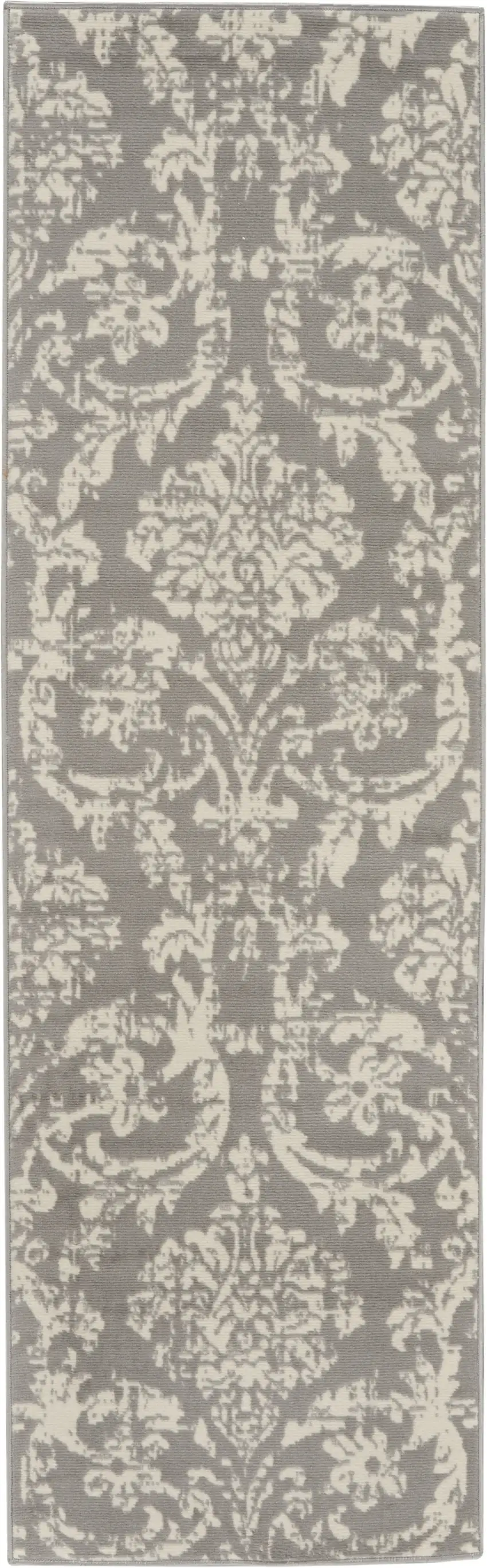 6' Gray And Ivory Damask Distressed Runner Rug Photo 6