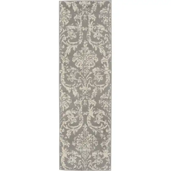 6' Gray And Ivory Damask Distressed Runner Rug Photo 5