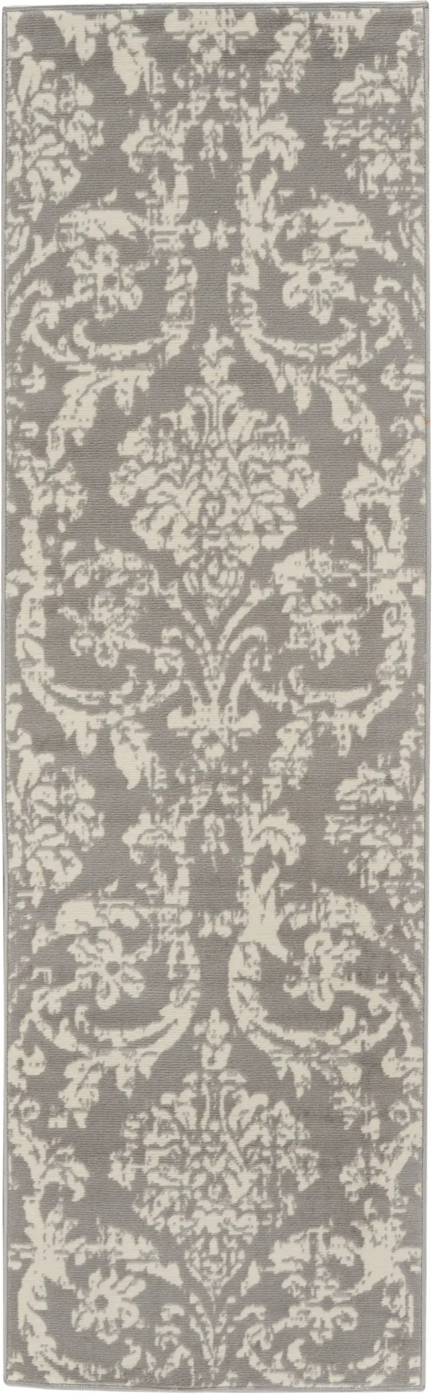 6' Gray And Ivory Damask Distressed Runner Rug Photo 5