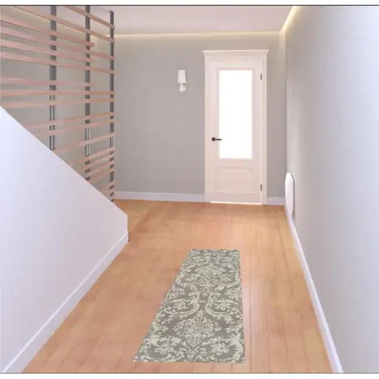 6' Gray And Ivory Damask Distressed Runner Rug Photo 1