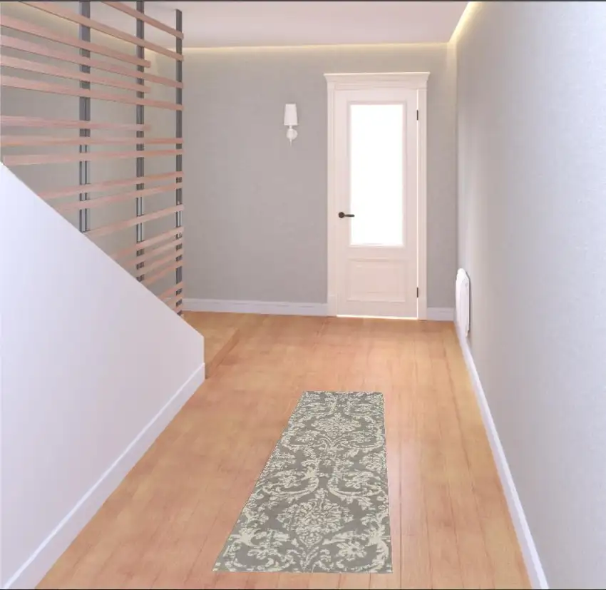 6' Gray And Ivory Damask Distressed Runner Rug Photo 1