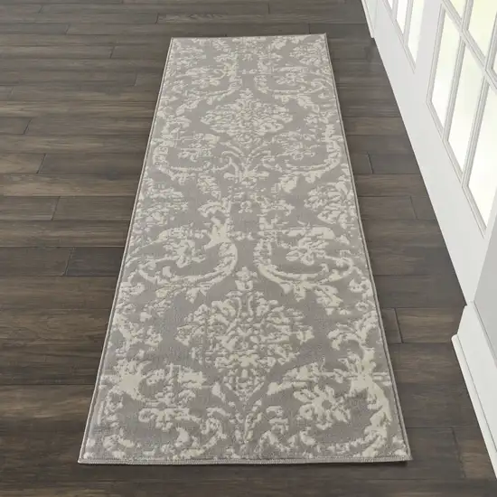 6' Gray And Ivory Damask Distressed Runner Rug Photo 7