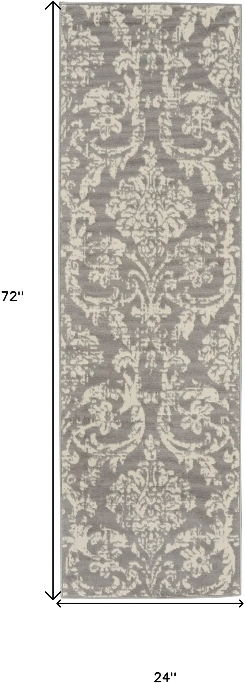6' Gray And Ivory Damask Distressed Runner Rug Photo 3
