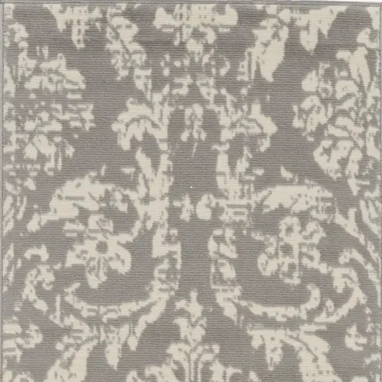 6' Gray And Ivory Damask Distressed Runner Rug Photo 7