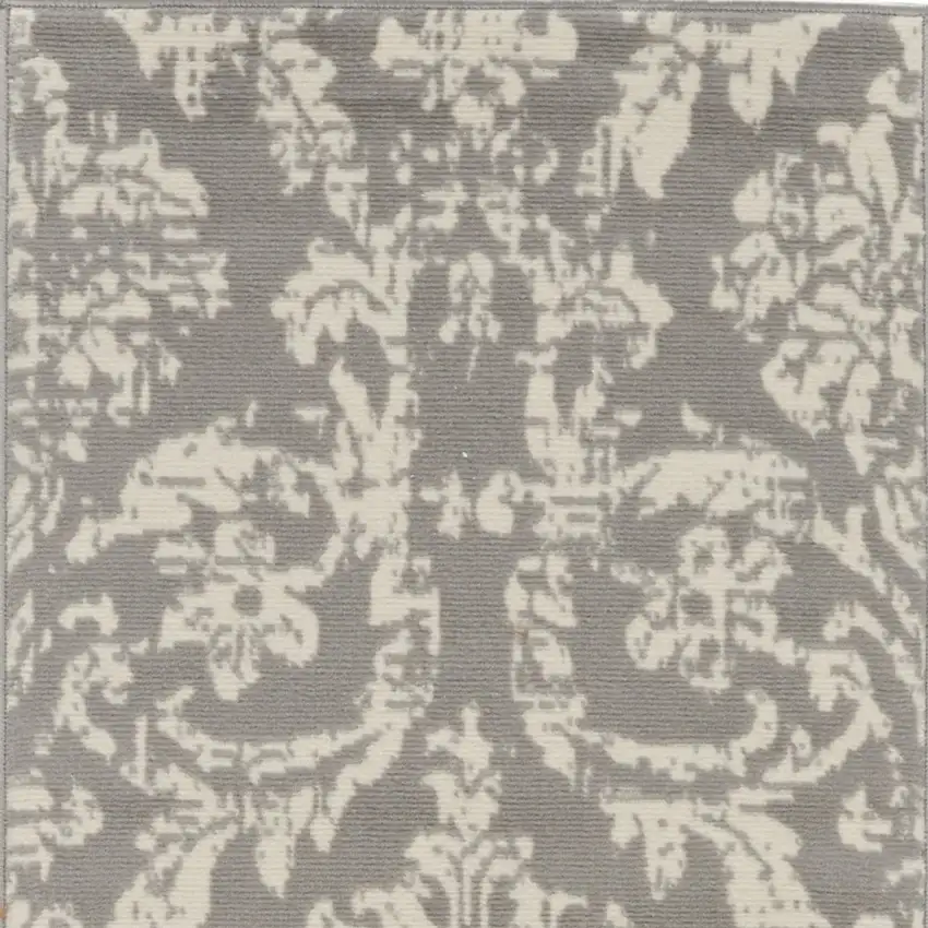 6' Gray And Ivory Damask Distressed Runner Rug Photo 7