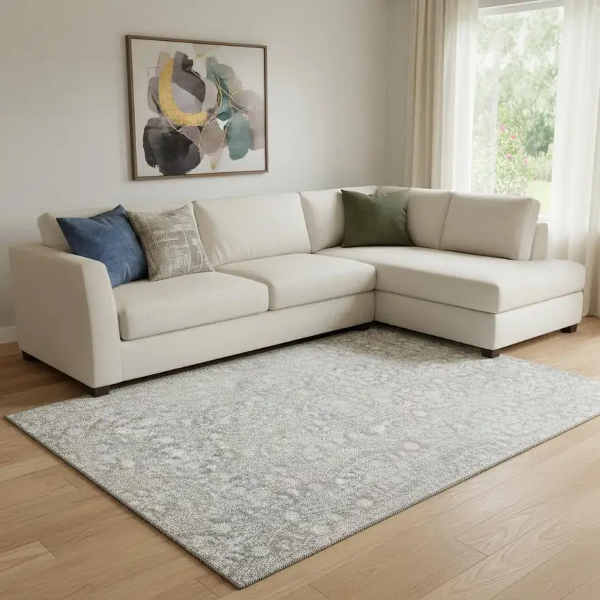 8' Gray And Ivory Damask Washable Area Rug With UV Protection Photo 2