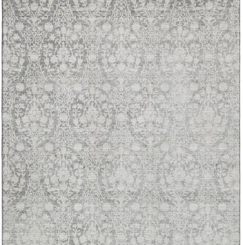 8' Gray And Ivory Damask Washable Area Rug With UV Protection Photo 3