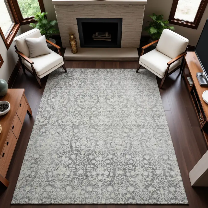 8' Gray And Ivory Damask Washable Area Rug With UV Protection Photo 5