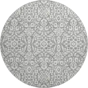 Photo of 8' Gray And Ivory Damask Washable Round Rug With UV Protection
