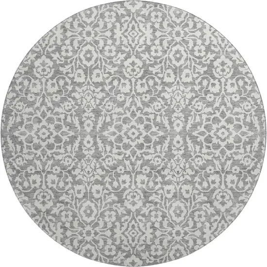 8' Gray And Ivory Damask Washable Round Rug With UV Protection Photo 1
