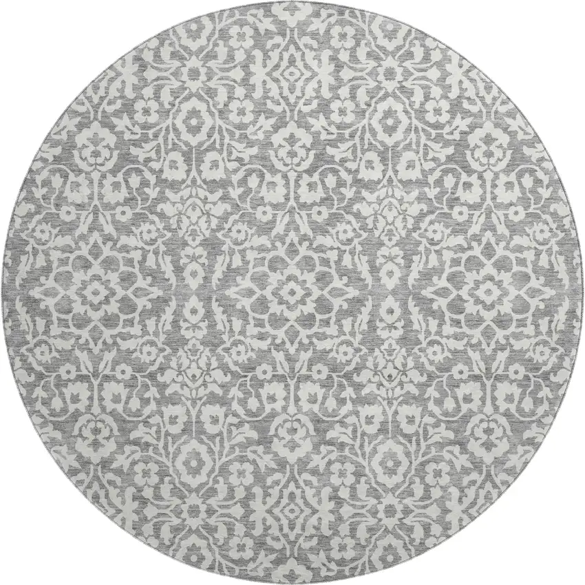 8' Gray And Ivory Damask Washable Round Rug With UV Protection Photo 1